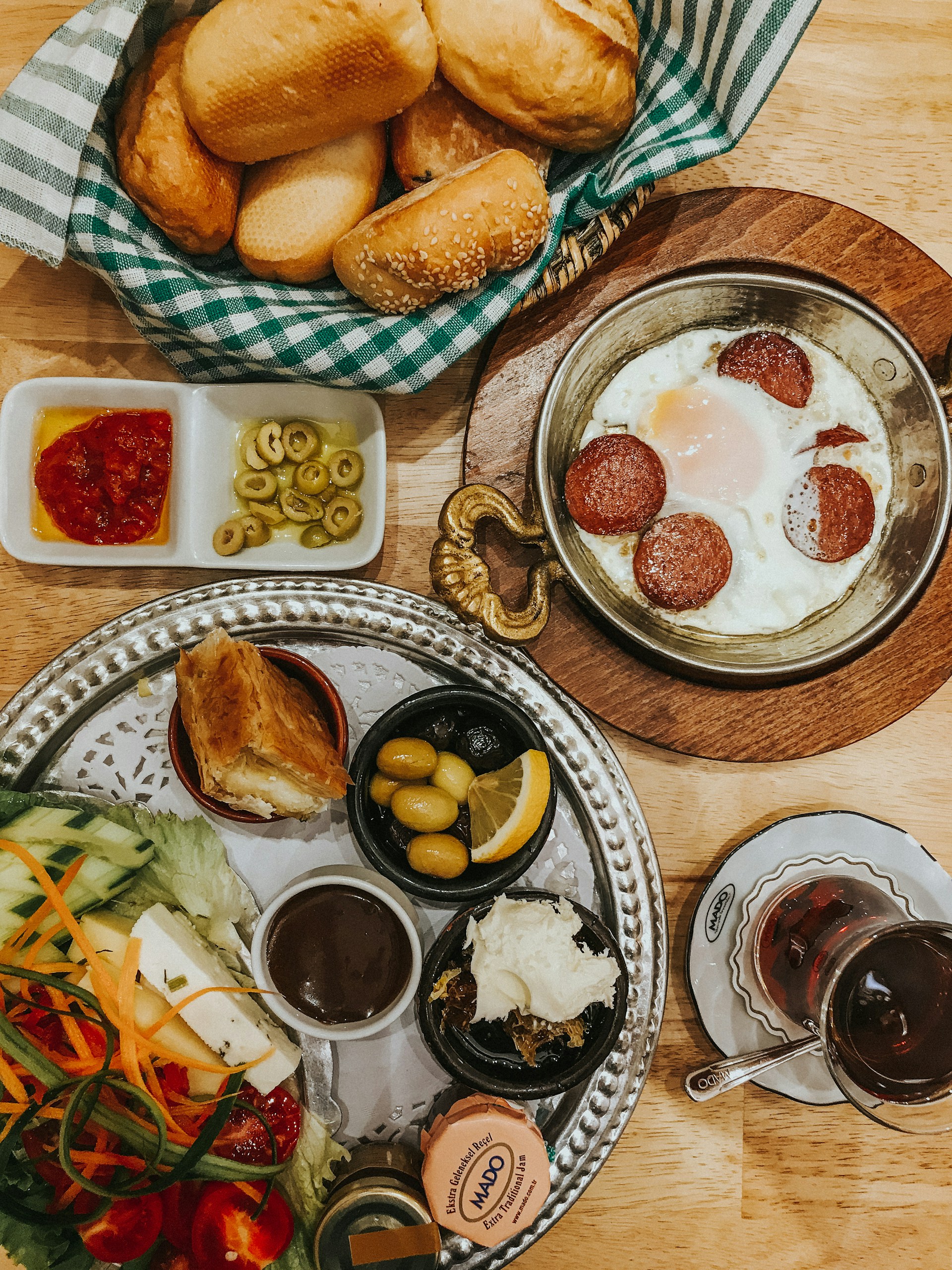 Turkish breakfast spread on copper tray